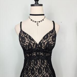 Vintage Betsy Adam Prom Dress Midi Gown 8 Black Y2K Fairy Goth Lace Babydoll